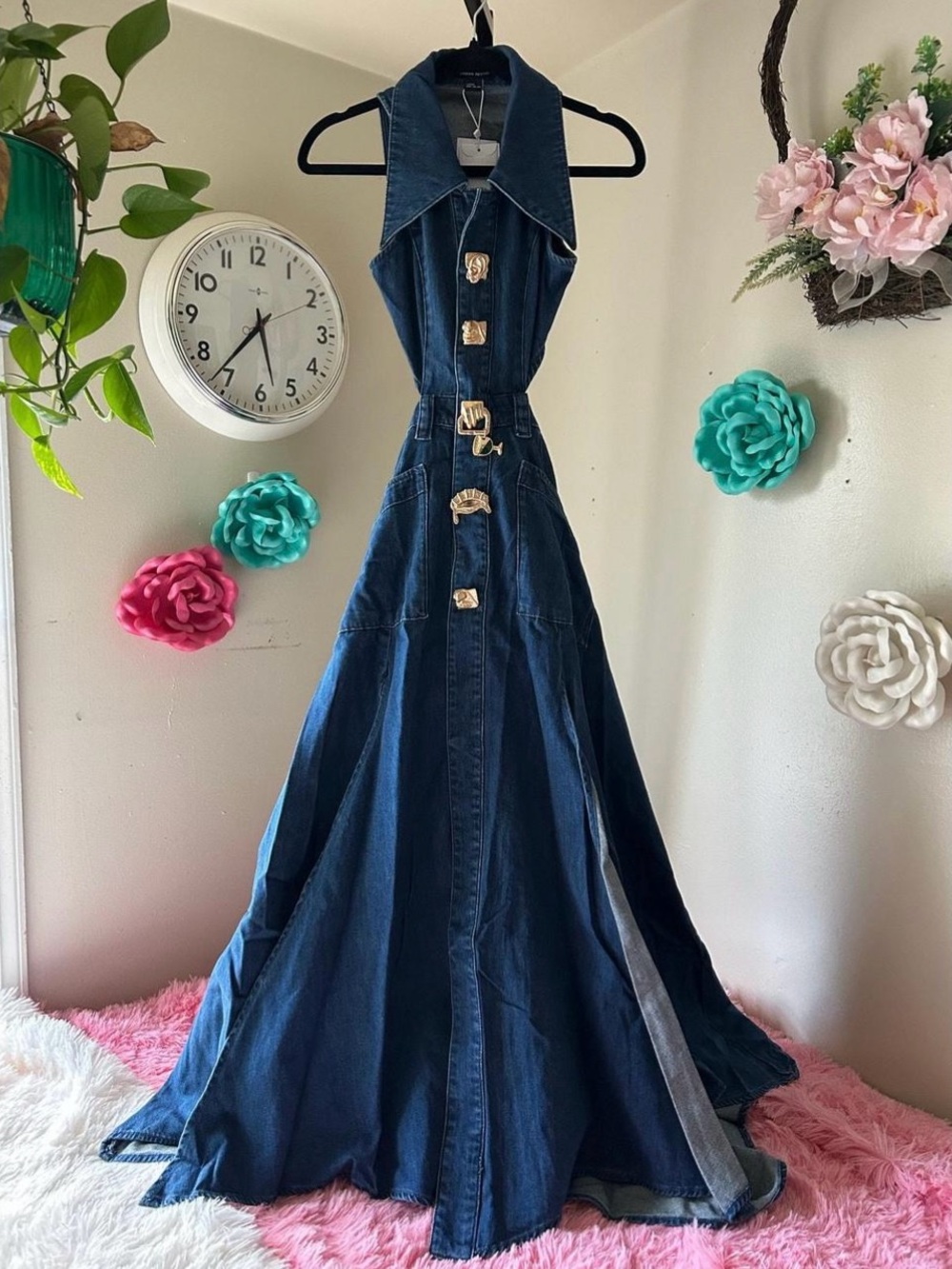 Denim Maxi Dress with Statement Buttons - Dark Blue
